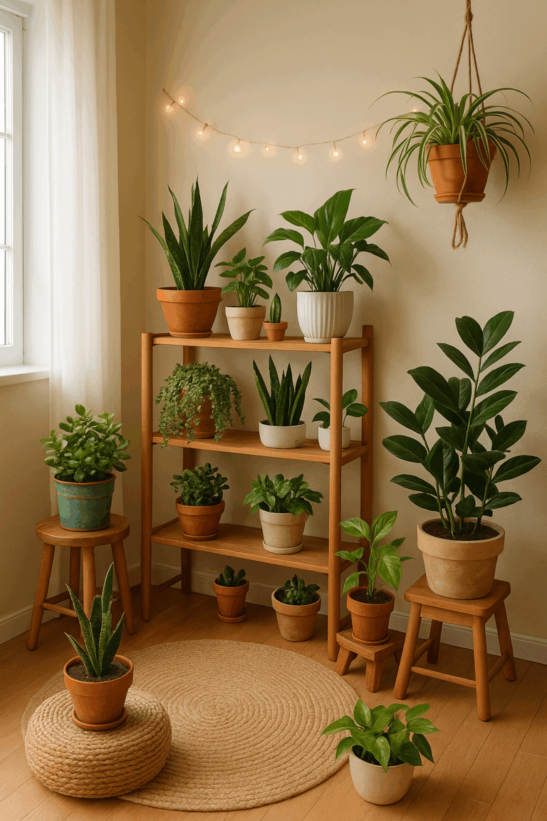 Cantinho verde em casa com várias plantas em vasos de cerâmica sobre prateleiras de madeira, iluminado por luz natural e decorado com tapete de palha e luzes suaves.